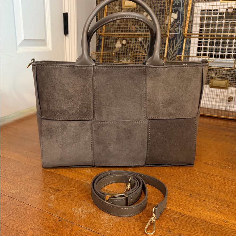 Woven Genuine Suede Tote Bag in Medium Brown with Zipper Closure.